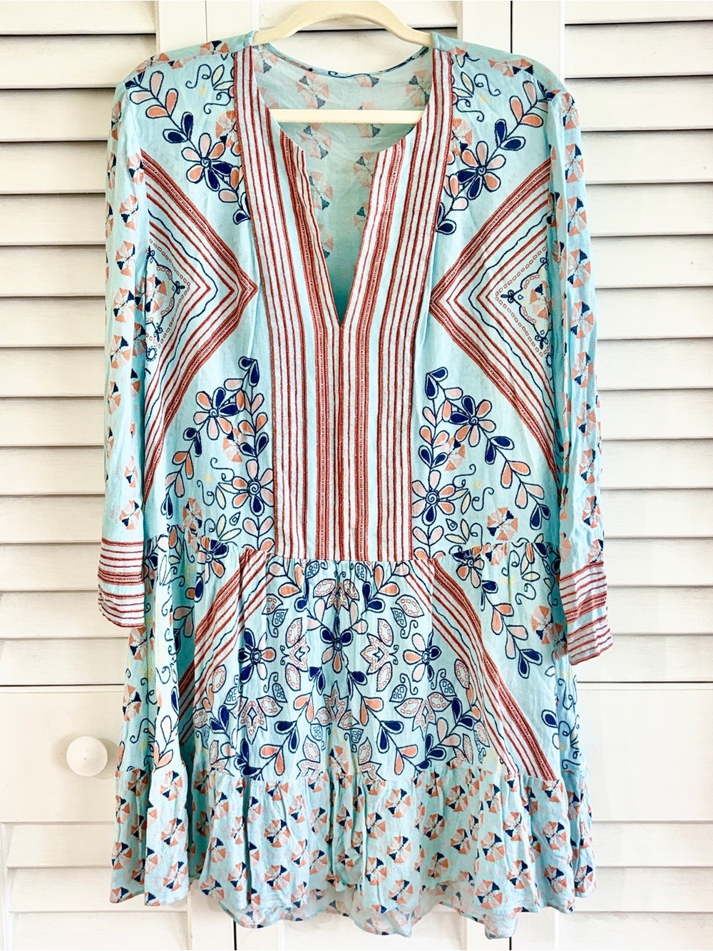 Dalia Mint Blue-Green Dress Floral & Stripe Mixed Print Boho Tunic Mini Dress L